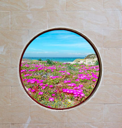 beach seen through a portholeの写真素材