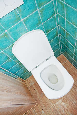 white wc bowl in a turquoise and brown bathroomの写真素材
