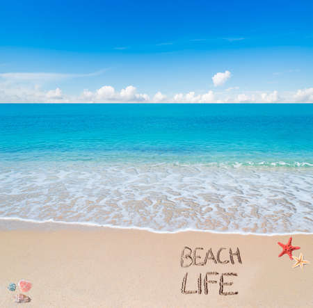 "beach life" written on a tropical beachの写真素材