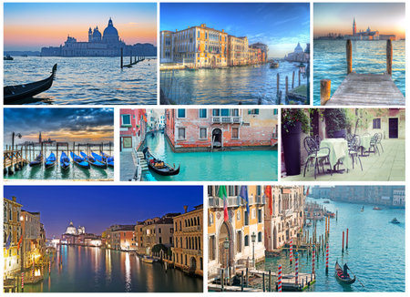 collage of Venice photos. set of Italian world famous travel destination.の写真素材