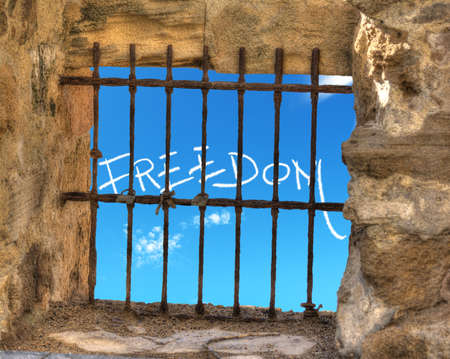 freedom writing seen through a jail window.の写真素材