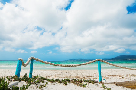 white ropes and blue poles by the sea