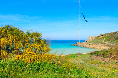 Flagpole by the shore in Rena Bianca, Sardiniaの写真素材