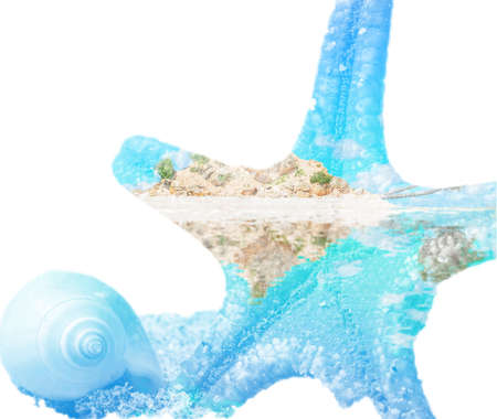 starfish, shell and atoll in double exposureの写真素材