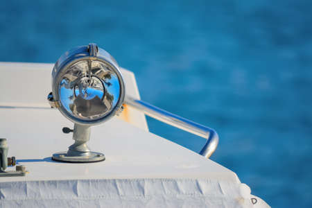 close up of a metal boat headlightの写真素材