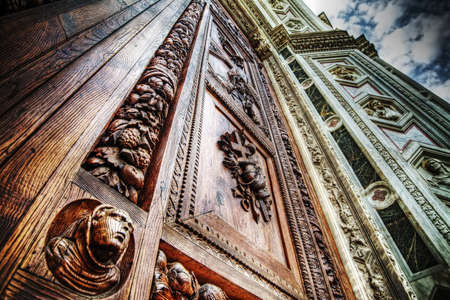 close up of Santa Croce front door in Florence, Italyの写真素材