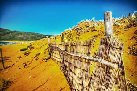 closeup of a reed fence by the sea in Porto Ferro, Italyの写真素材
