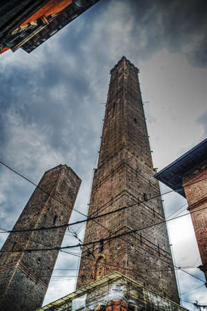 Garisenda and Asinelli tower in Bologna, Italyの写真素材