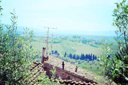 old roof in San Gimignano in vintage tone effectの写真素材
