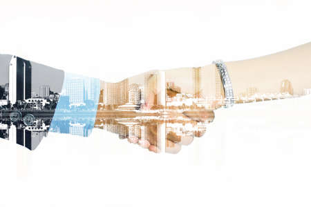 double exposure of man and woman shaking their hands on  a white backgroundの写真素材