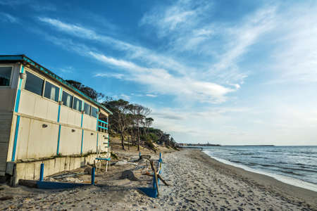 wooden beach bar by the shore in Sardinia, Italyの写真素材