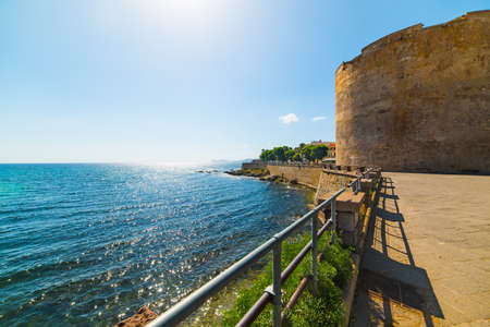 historic tower in Alghero seafront, Sardiniaのeditorial素材