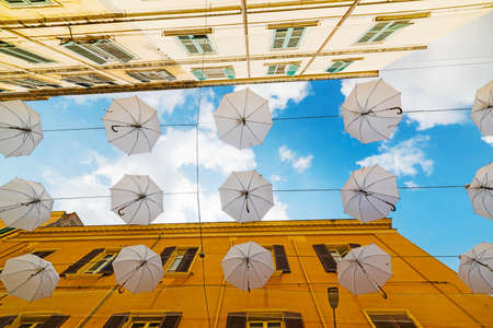 white umbrellas decoration in Sassari, Italyの写真素材