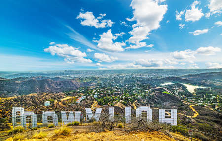 Hollywood sign seen from behind with Los Angeles on the backgroundのeditorial素材