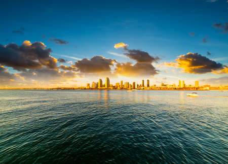 cloudy sky over downtown San Diego at sunset, Californiaの写真素材