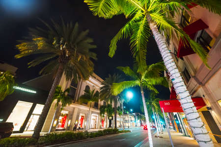 Palms in Rodeo Drive at night, Californiaの写真素材