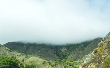 fog over a green hill in California, USAの写真素材