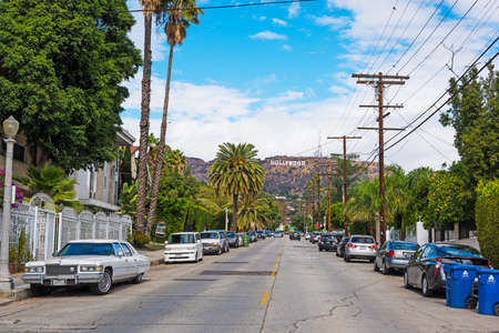 LOS ANGELES, CALIFORNIA - OCTOBER 28, 2016: Hollywood sign seen from a picturesque streetのeditorial素材