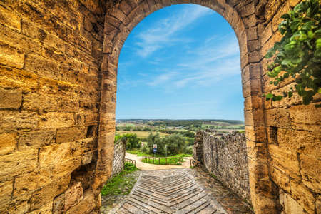 Monteriggioni city wall under a blue sky, Italyの写真素材