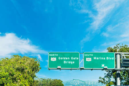 Golden gate bridge road sign in San Francisco, Californiaの写真素材