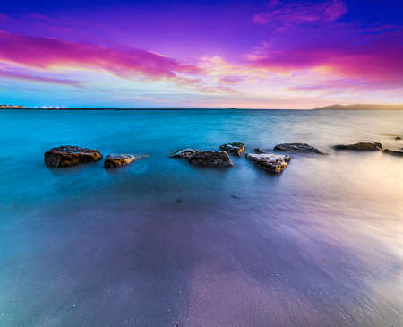 motion blur in Alghero shoreline on a clear night, Sardiniaの写真素材