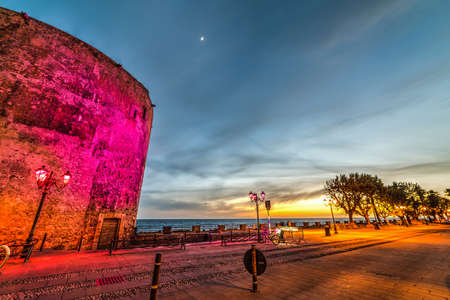 Alghero seafront on a clear night, Sardiniaの写真素材