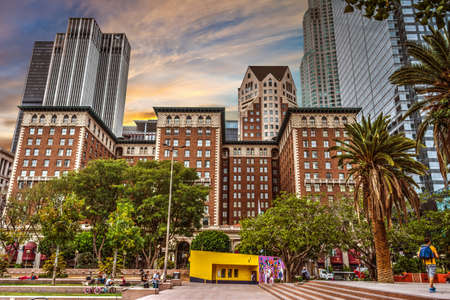 Los Angeles, CA, USA - October 27, 2016: People in Pershing square at duskのeditorial素材