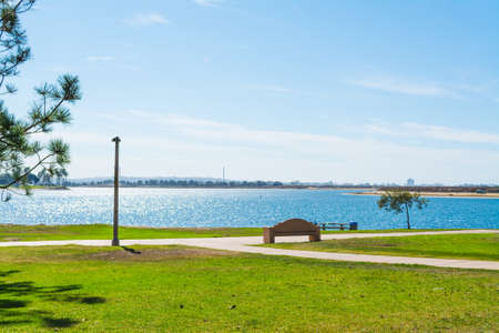 Cement bench in Mission Bay, Californiaの写真素材