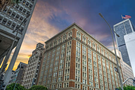 Sunset in downtown Los Angeles, Californiaの写真素材