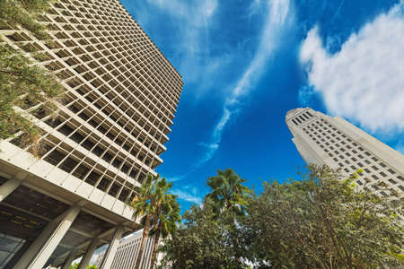 Skyscrapers in downtown Los Angeles, Californiaの写真素材