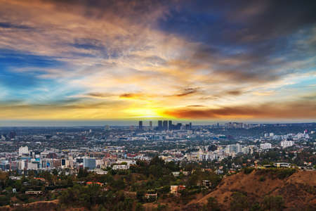 Los Angeles under a colorful sky at sunset, Californiaの写真素材