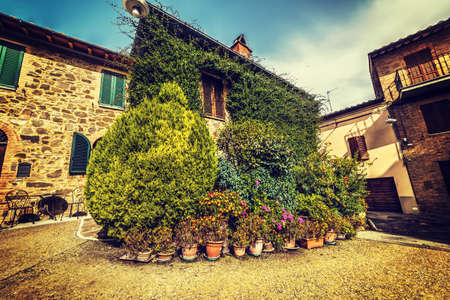 small square in Montalcino, Italyの写真素材