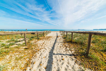 walk path in Simius beach, Sardiniaの写真素材