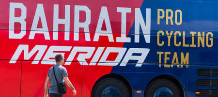 Alghero, Italy - May 05, 2017: Bahrain Merida team bus on 100th Giro d'Italia opening dayのeditorial素材