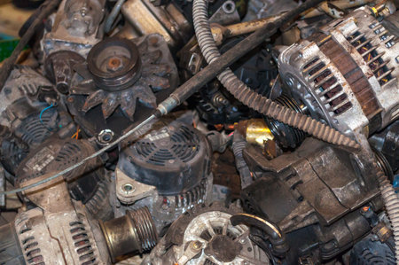 Close op of a stack of old engine parts
