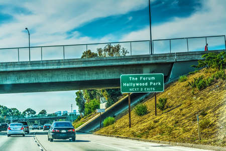 The Forum Hollywood park exit sign in Los Angeles, Californiaの写真素材