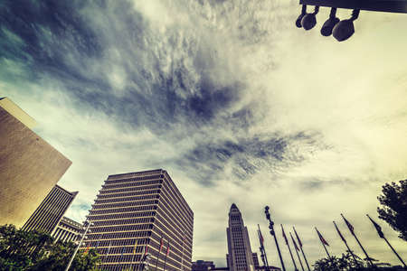 Clouds over Los Angeles city hall in retro effect. California, USAの写真素材