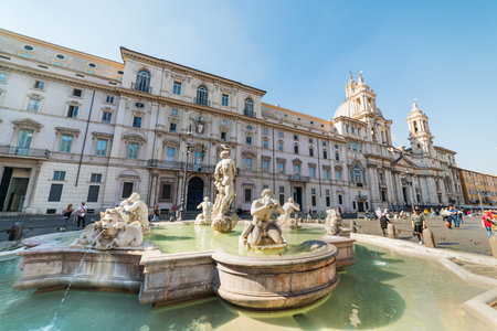 Rome, Italy - October 13, 2017: People by Fontana del Moro in Piazza Navonaのeditorial素材