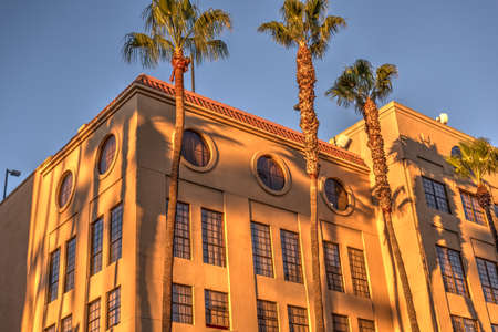 Palm trees by a modern building at sunset. Los Angeles, Californiaのeditorial素材
