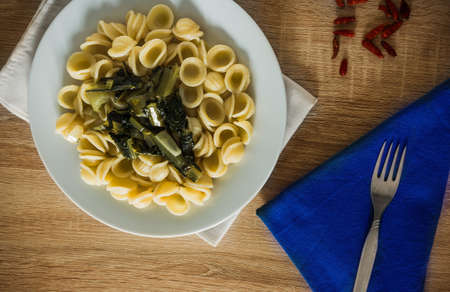 Pasta orecchiette and vegetables seen from aboveの写真素材