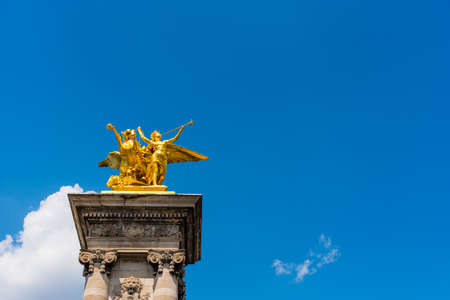 Front view of Pegasus golden statue on Alexander III bridge in Paris, Franceの写真素材