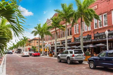 Fort Myers, USA - February 25, 2019: Quaint street in Ft Myers Historic districtのeditorial素材