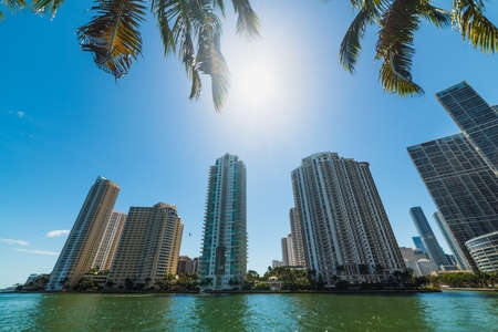 Skyscrapers in downtown Miami seen from the river walk. Southern Florida, USAの写真素材