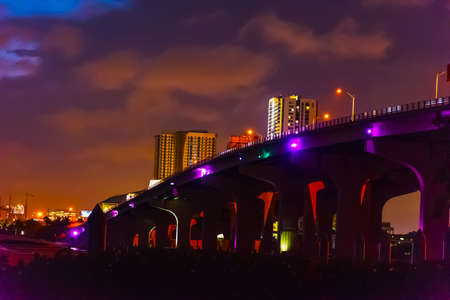 MacArthur causeway on a cloudy night. Miami, USAの写真素材