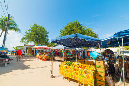 Guadeloupe, FR - February 17, 2019: Fruits and souvenirs stands in Guadeloupe, French west indies. Lesser Antilles, Caribbean seaのeditorial素材