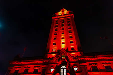 Miami, USA - February 14, 2019: Freedom tower in downtown Miami on a clear nightのeditorial素材