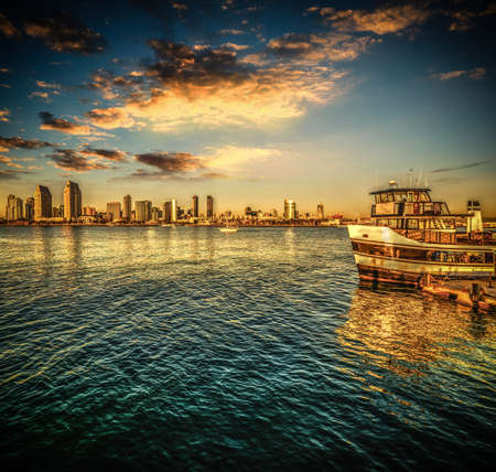 Ferry boat in San Diego at sunset, Californiaの写真素材