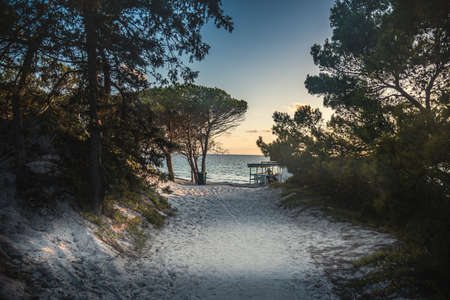 Sandy path to the beach at sunset. Alghero, Sardiniaの写真素材