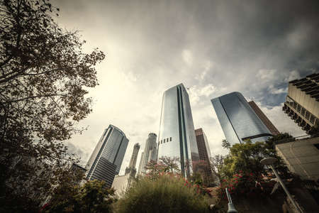Skyscrapers in downtown Los Angeles under an overcast sky. Southern California, USAの写真素材