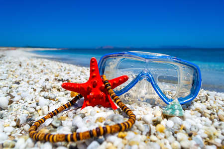 Scuba mask, sea star and necklace on pebbles by the sea in the summertimeの写真素材